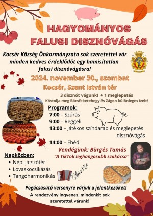 Hagyományos falusi disznóvágás Kocsér plakát